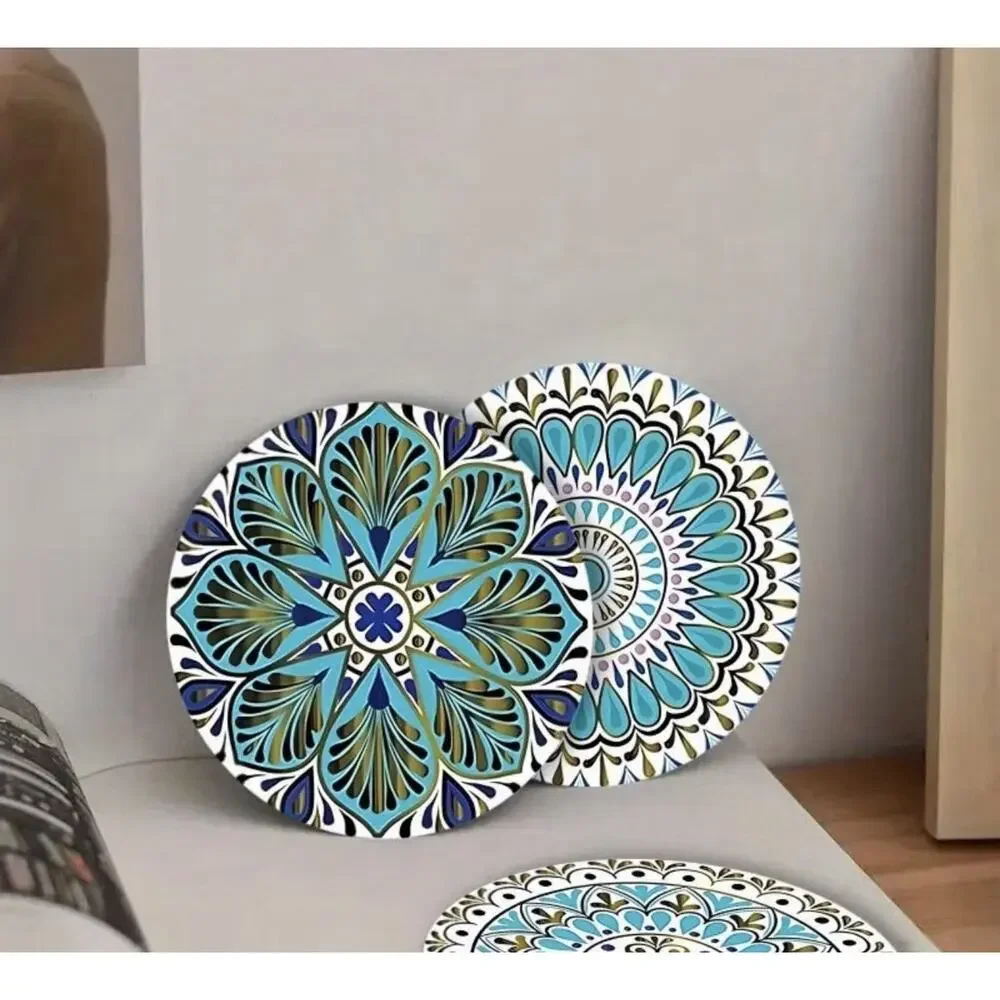 Six Piece Mandala Acrylic Teal Design Coaster Set 4 Inch New